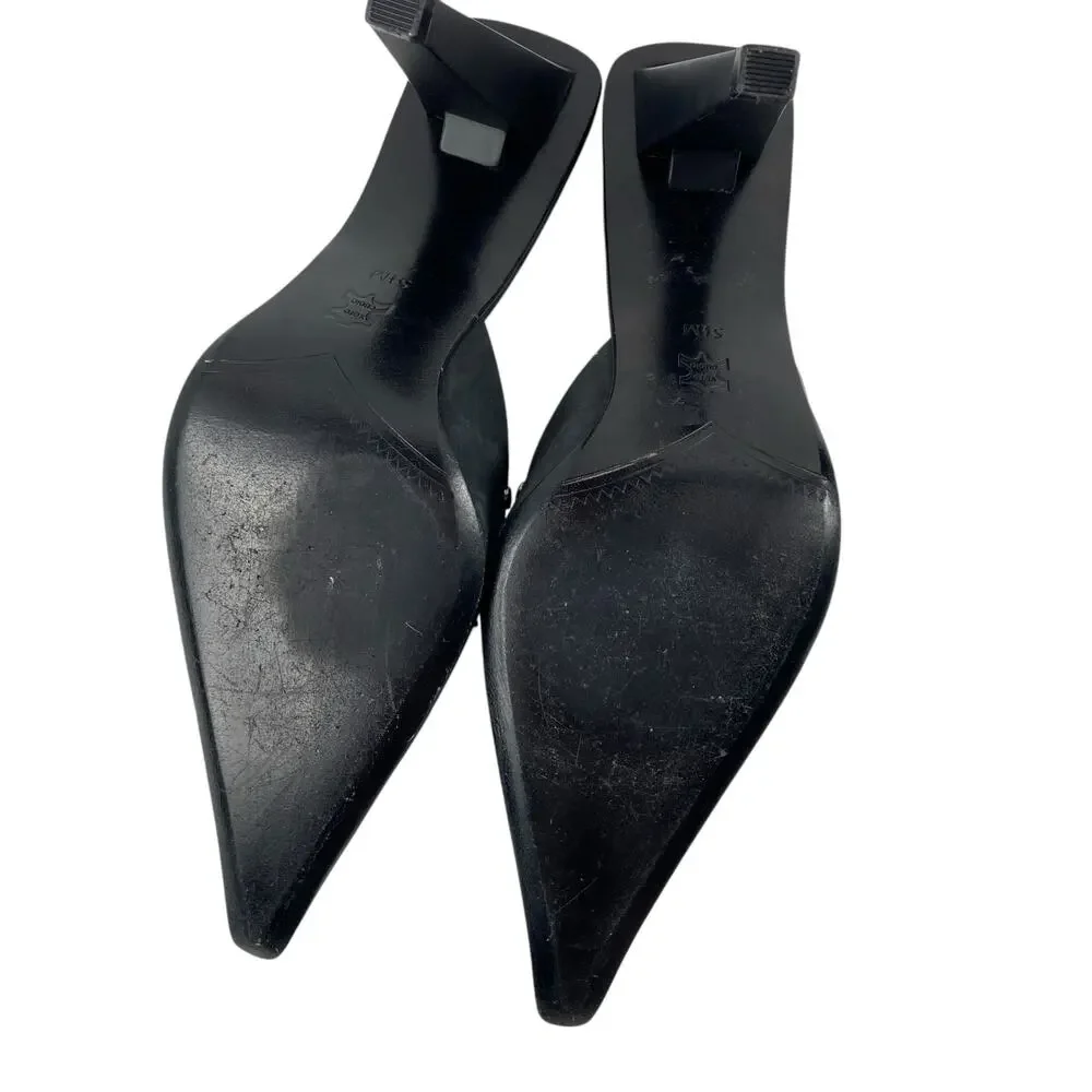 Glory Chen Black Studded Black Leather Suede Pointed Toe Mule Heels Size 5.5